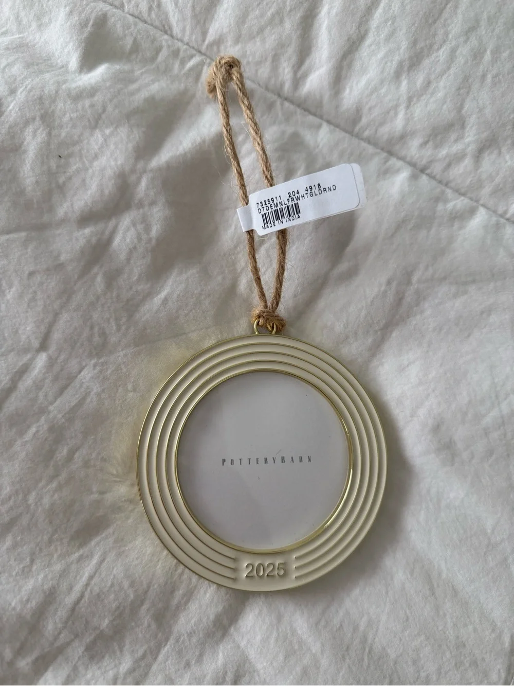 NWT Pottery Barn 2025 Dated Enamel Frame Circle Ornament Cream/Gold